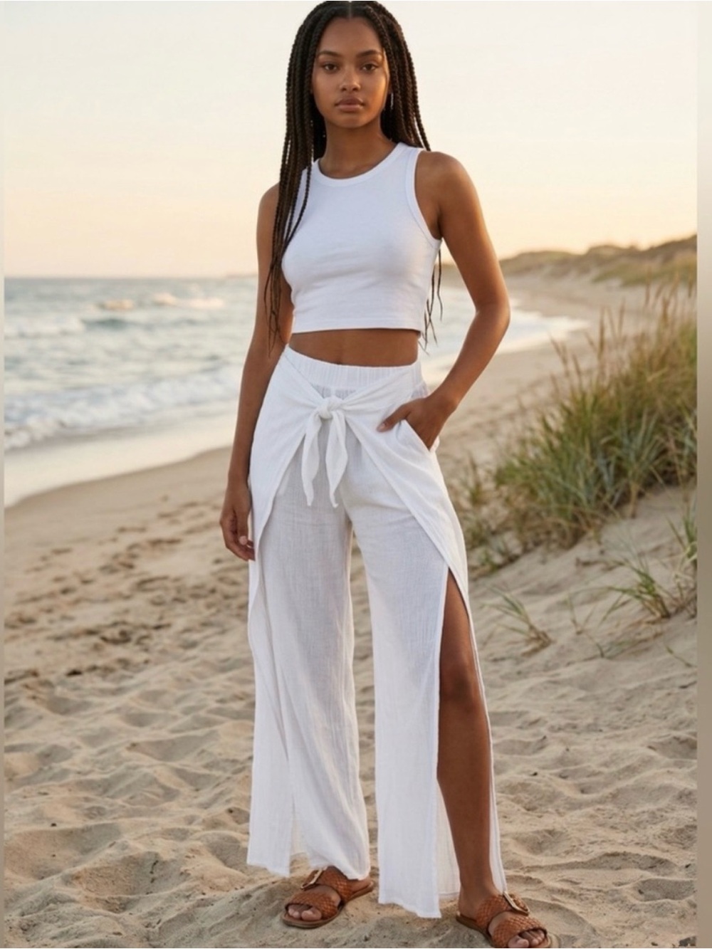 NWT Kona Sol White Wide-Leg Pull-On Linen Pants
